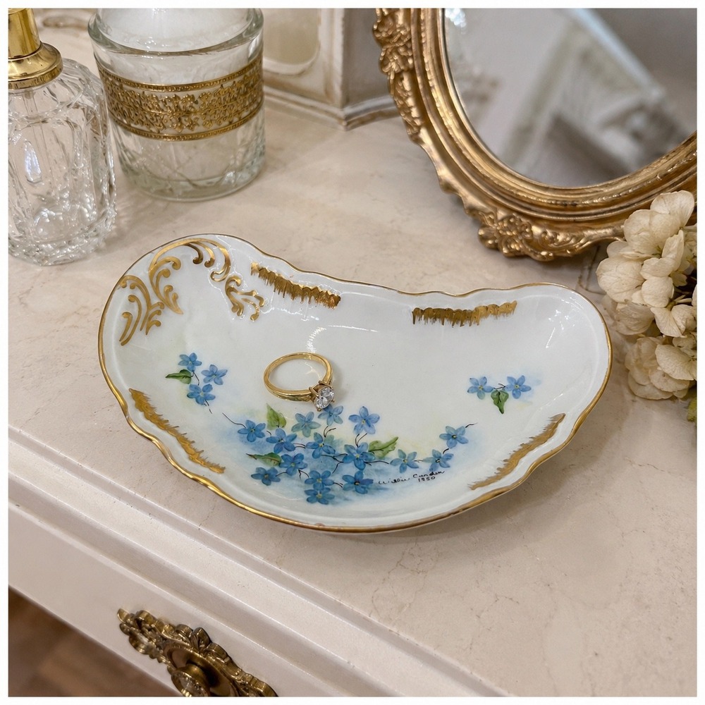 Limoges France Hand Painted Bone Dish Blue Forget Me Not Gold Gilt Signed 1950